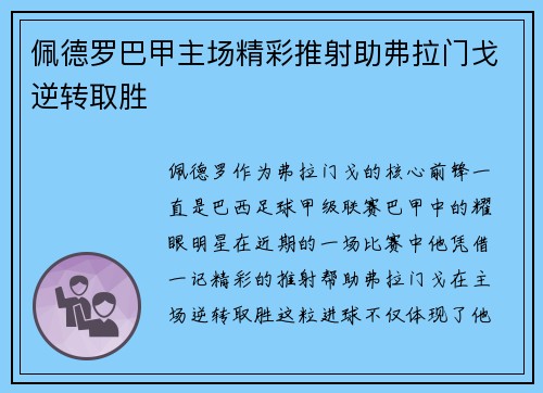 佩德罗巴甲主场精彩推射助弗拉门戈逆转取胜