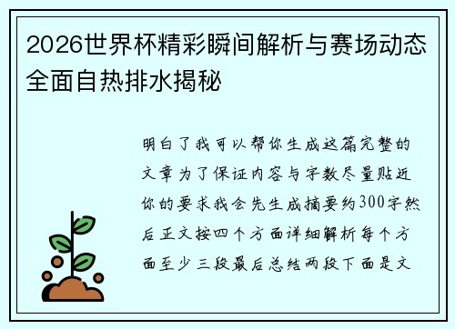 2026世界杯精彩瞬间解析与赛场动态全面自热排水揭秘